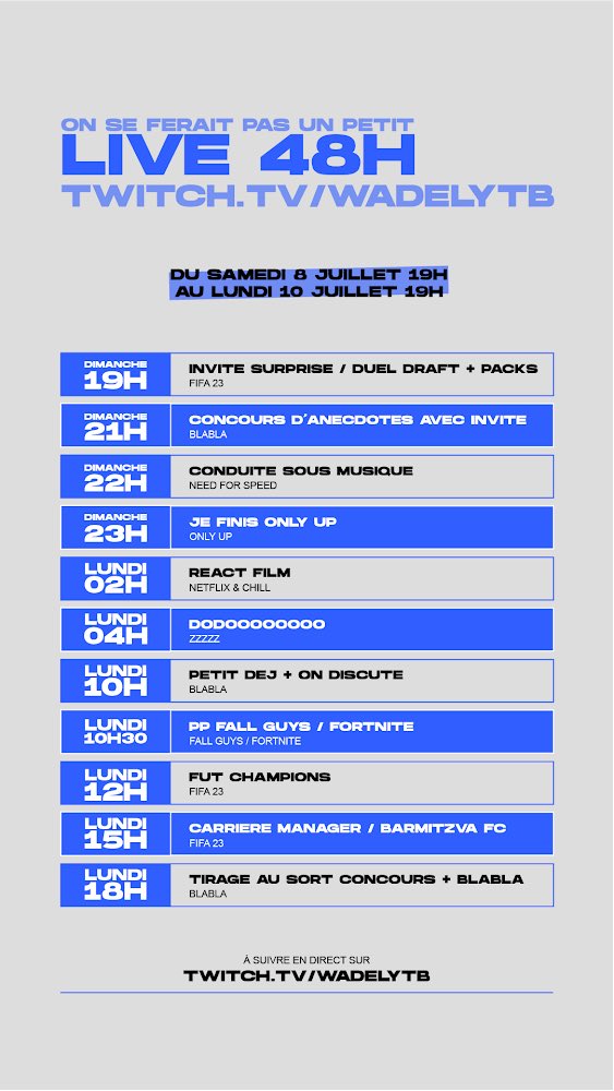 WadelYtb's tweet photo. 🚨 Voici le programme de notre Live 48h00 prévu pour ce soir à partir de 19h00 sur Twitch !

Un énorme défi qu’on va réaliser, j’aurais besoin de votre force plus que jamais 🙏 https://t.co/WMha6kmjDS