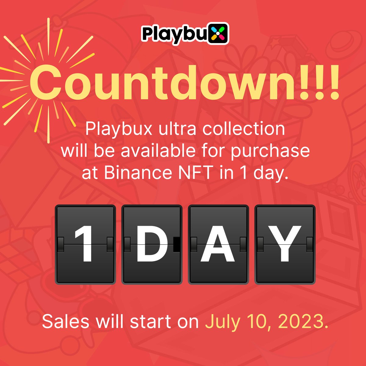 🥳 Countdown‼️ Playbux ultra collection will be available for purchase at Binance NFT in 1 day.  

🔥 Sales will start on July 10, 2023 at binance.com/en/nft/staking…  

#Playbux #bnbchain #PBUX #NFTs #BinanceNFT #Binance