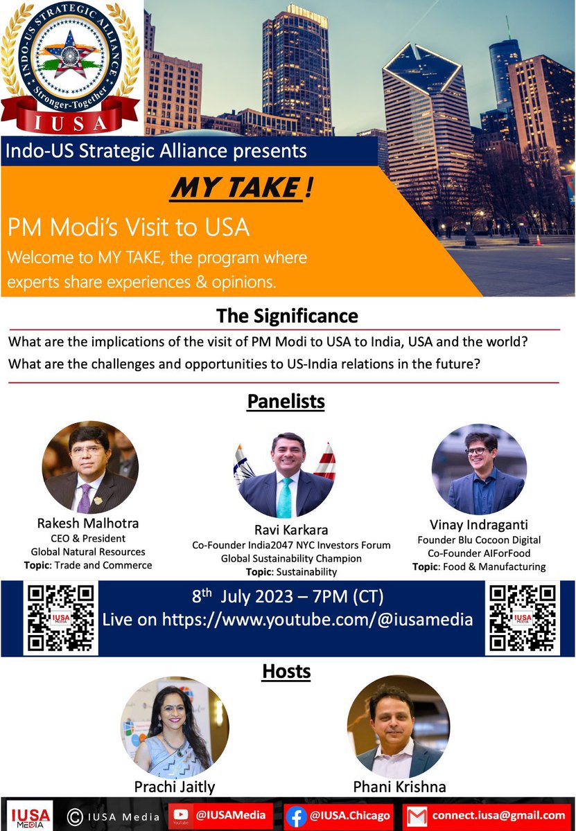 Indo-US Strategic Alliance presents MY TAKE!
PM Modi's Visit to USA 🇺🇸🇮🇳

Welcome to MY TAKE, the program where experts share experiences & opinions.

@RakeshMalhotra 
CEO & President, Global Natural Resources
Topic: Trade and Commerce

@ravikarkara Co-Founder @India2047 NYC…