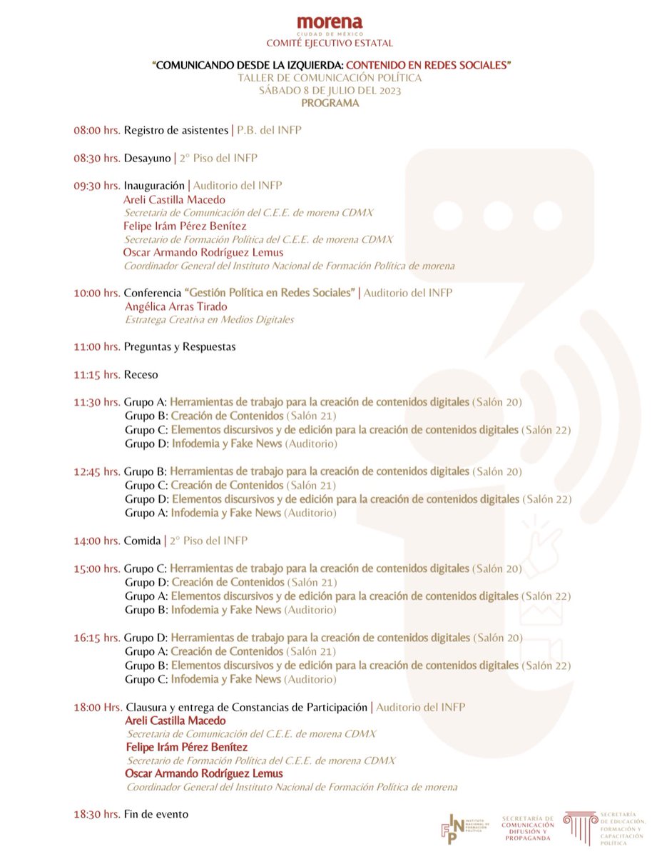 FPolticaCDMX's tweet photo. Te compartimos el programa del día de mañana. 😃
No faltes, súmate a la transformación.🙌
#MorenaCrea https://t.co/qI4C0nBVaO