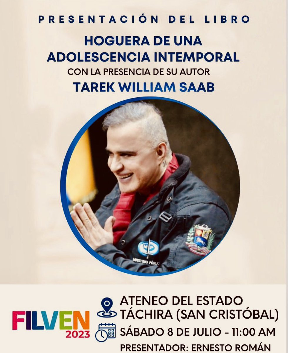 TarekWiliamSaab's tweet photo. #POESÍA… este sábado a las 11:00am en el Ateneo de San Cristóbal (Táchira) #presentaremos nuestro libro #testimonial  HOGUERA DE UNA ADOLESCENCIA INTEMPORAL  editado por @monte_avila https://t.co/yzYu68oLLt