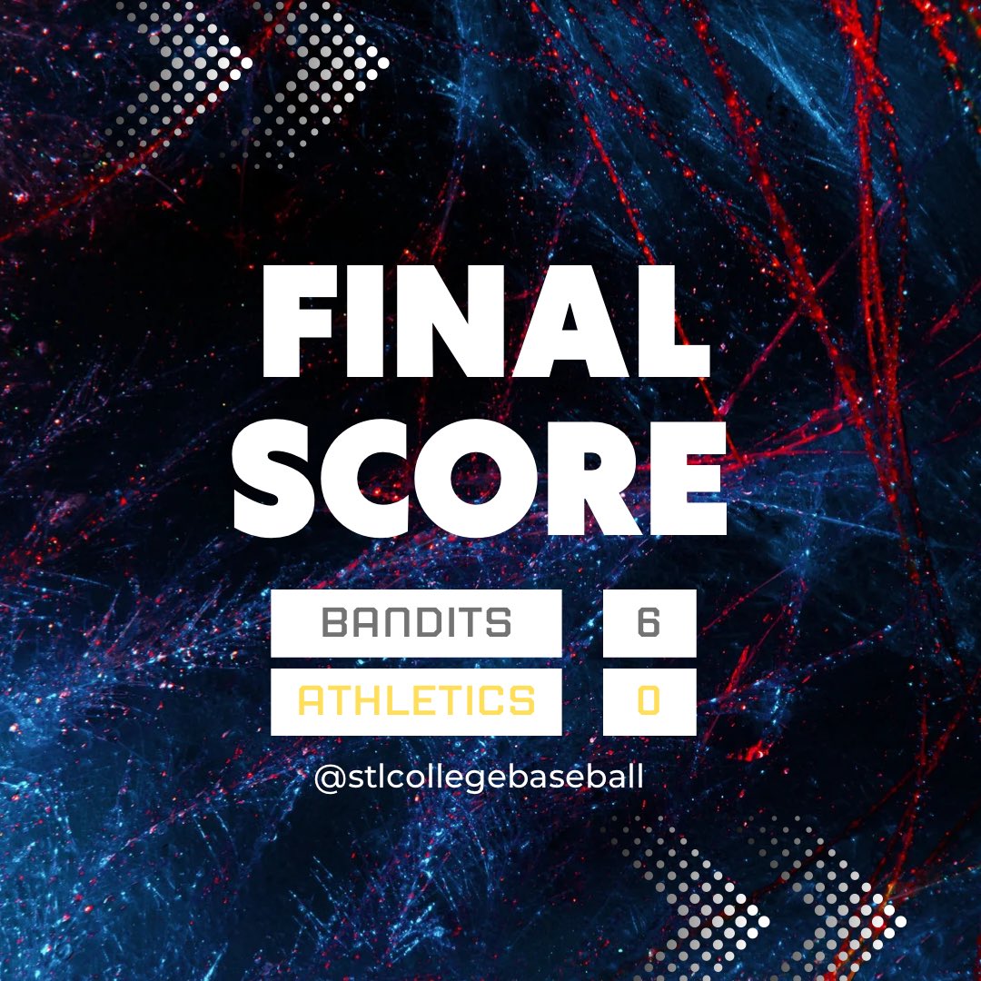 Bandits beat Athletics 6-0

For the Bandits,
<a href="/TylerWhit52/">Tyler Whitworth</a> 1-1 w/ R &amp; 2BB <a href="/BlueStormBSB/">Southwestern Illinois College Baseball</a> 
<a href="/KevinWatkins_35/">Kevin Watkins</a> 1-1 w/ R &amp; 2RBI <a href="/MBU_baseball/">Missouri Baptist Baseball</a> 
<a href="/BonczkowskiNick/">Nick Bonczkowski</a> 1-2 w/ 2R, RBI, &amp; BB <a href="/STLCCBaseball/">St. Louis CC Archers Baseball</a> 
<a href="/Thebmont9/">Brennan Montgomery</a> 1-2 w/ R &amp; BB @BaseballBaptist 

<a href="/hayden_steelman/">Hayden Steelman</a> 4IP w/ 0R &amp; 7K