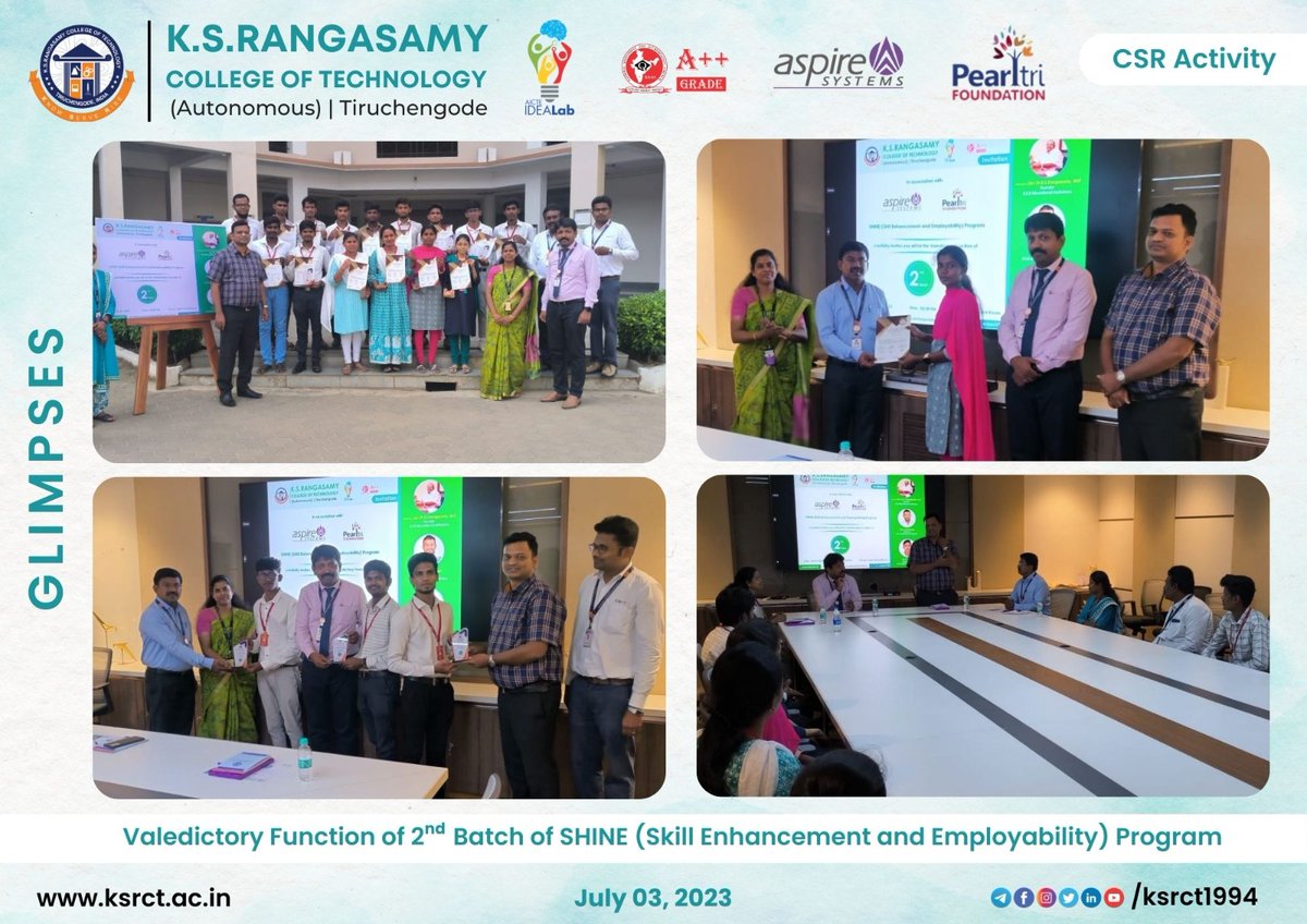 ksrct1994's tweet photo. #ksrct1994 in association with #aspiresystems #pearltrifoundation conducted the valedictory function of second batch of #SHINE (Skill Enhancement and Employability) program on July 03.2023, 02:00 pm https://t.co/BAws14A5OP