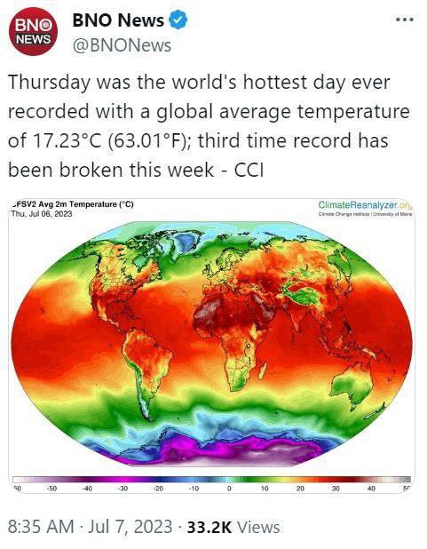 💡🌏 ⚠️🥵 July 6, 2023 was the hottest day on our planet on record.

The average temperature on the planet was +17.23°C.

This week alone, the daily heat record was broken for the third time.

#globalwarming #ClimateCrisis #CO2monitors #WeatherReport