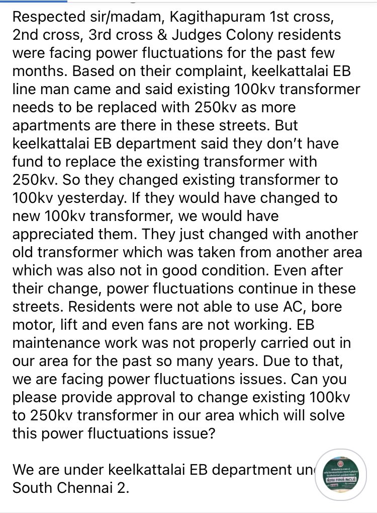 Sankar_ilayatha's tweet photo. Kagithapuram, Judges Colony area residents were facing heavy power fluctuations. Based on their complaint, keelkattalai EB lineman said 100kv needs to be replaced with 250kv. Issue not yet resolved. 
@EB_Adyar_Tmbm @TANGEDCO_Offcl @RajeshLakhani69 @S_AravindRamesh @ThamizhachiTh https://t.co/Fl9LLVKSwf