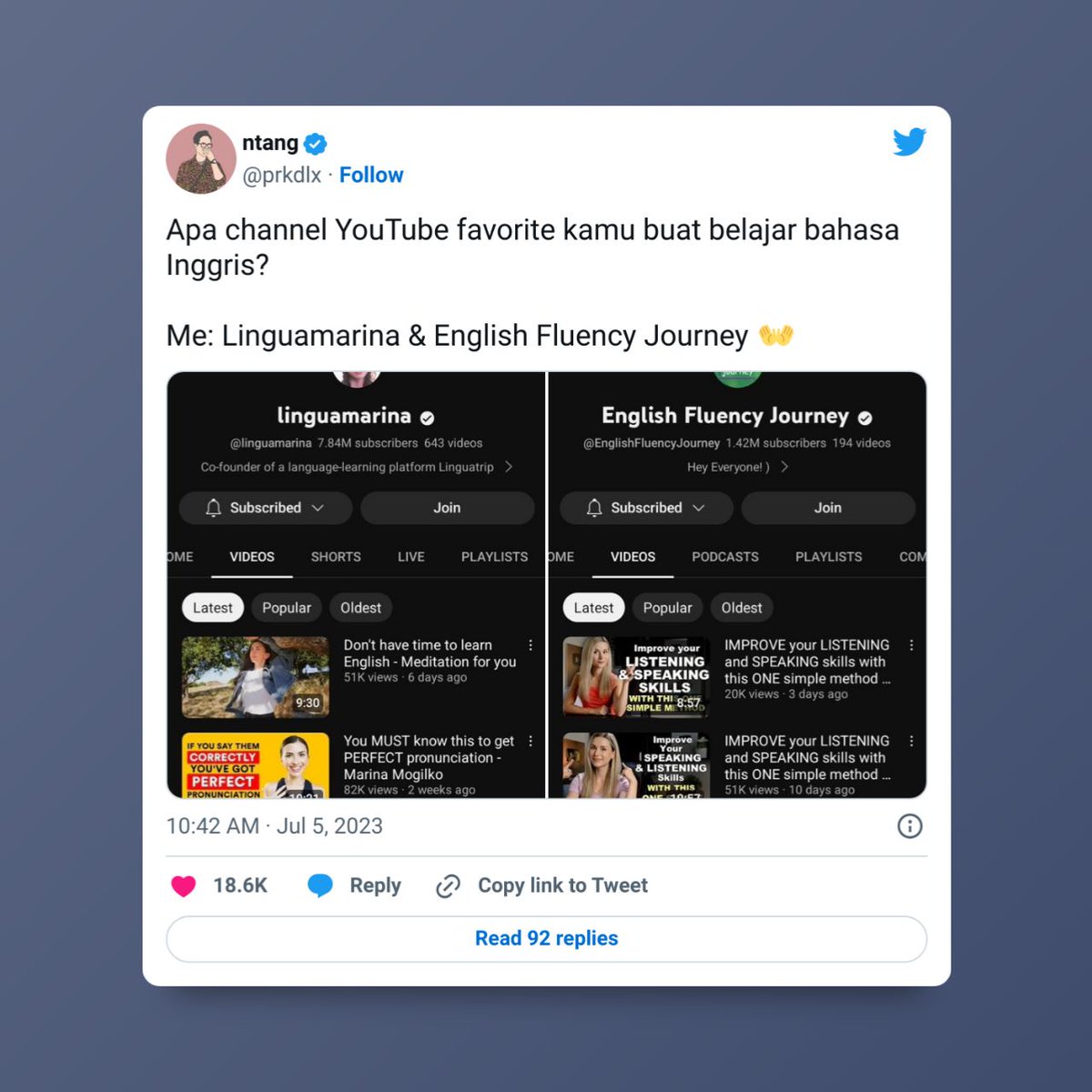 Beberapa hari yang lalu aku nanya di twitter tentang channel YouTube favorit buat belajar bahasa Inggris.

Tweet tsb tembus 1.5 juta impression dan memunculkan ratusan rekomendasi akun YouTube utk belajar bahasa Inggris lainnya.

Aku coba rangkum di thread ini👇