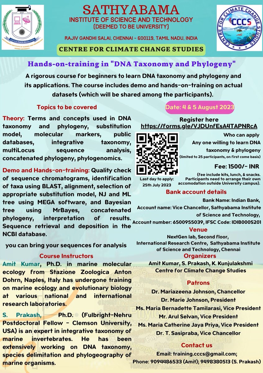 AmitKumar_ak14's tweet photo. Registration is open for DNA Taxonomy and Phylogeny course. Please spread the news for wider dissemination.
#Moleculartaxonomy #DNAtaxonomy #Phylogeny https://t.co/jMSrSzAYAd