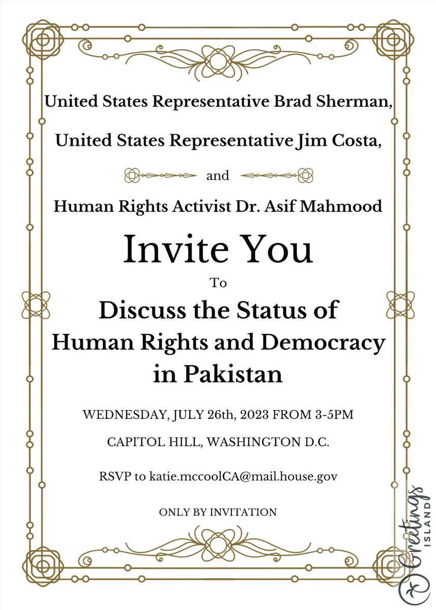 DrMahmood40's tweet photo. Economic stability in #Pakistan is not possible without political stability which requires #HumanRightsRespect #UntaintedDemocracy and #FreeMedia. Appreciate two Champions in #ForeignAffairs, #RepBradSherman and #RepJimCosta for cosponsoring #CapitolHill summit on July 26 https://t.co/4eYejjwYz4