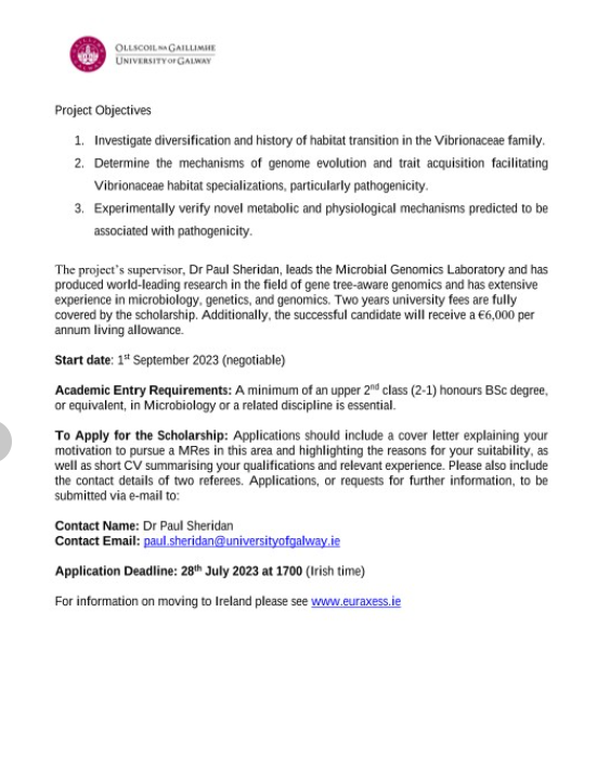 Grad_School_Hub's tweet image. &quot;Funded Masters by Research (MRes) position in Microbial Genomics available in my group at University of Galway. Please share with your network #microbiology #genomics University of Galway - College of Science and Engineering&quot;-Prof. Paul Sheridan.