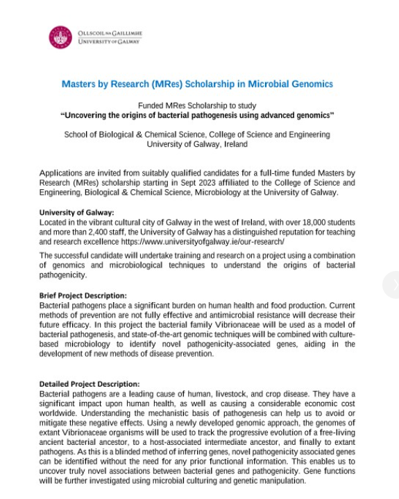 Grad_School_Hub's tweet image. &quot;Funded Masters by Research (MRes) position in Microbial Genomics available in my group at University of Galway. Please share with your network #microbiology #genomics University of Galway - College of Science and Engineering&quot;-Prof. Paul Sheridan.
