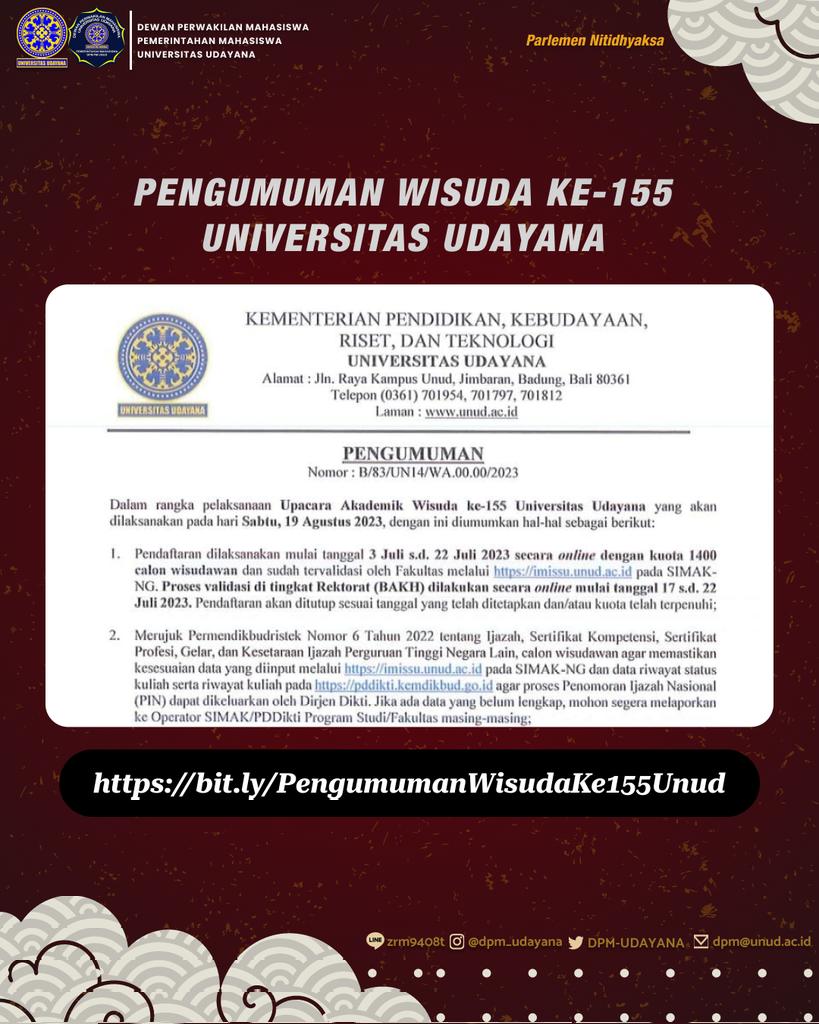 [𝐏𝐄𝐍𝐆𝐔𝐌𝐔𝐌𝐀𝐍 𝐖𝐈𝐒𝐔𝐃𝐀 𝐊𝐄-𝟏𝟓𝟓 𝐔𝐍𝐈𝐕𝐄𝐑𝐒𝐈𝐓𝐀𝐒 𝐔𝐃𝐀𝐘𝐀𝐍𝐀]

Halo, Civitas Akademika🙌🏼
Viva Legislativa❗ 

Informasi lebih lanjut dapat diakses melalui link berikut ini : 
bit.ly/PengumumanWisu…