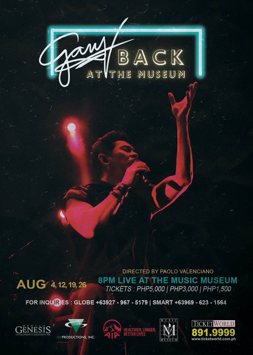 Hey Friends!! 
Our Gary V BACK AT THE MUSEUM concert series at <a href="/musicmuseumph/">Music Museum Group</a> is online at <a href="/TicketWorldInc/">TicketWorld Manila</a> NOW!! 
Get your tickets for our 
AUGUST 4, 12, 19 or 26 shows, 8PM  at this link: premier.ticketworld.com.ph/shows/show.asp…
#GaryVBackAtTheMuseum 
See you!!