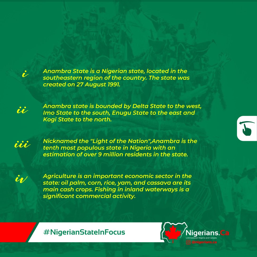 nigeriansdotca's tweet photo. Let’s take a trip to the state that prides itself as the Light of the Nation! Anambra State🌳🛺🌾🏔️⚜️
#nigeriansca #nigeriastateinfocus #quickfacts #information #anambrastate #LightoftheNation #nigeria https://t.co/aMCIAahIw0