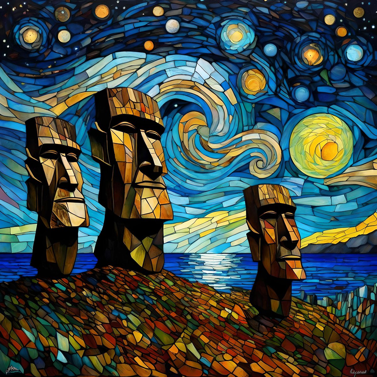 CreativGravity's tweet image. After a short Night I got the Idea of this Image.

A wild Stylemix, the look of Beksinski, the Starry Night of Van Gogh, the Colors of Afremov and the Location Easter Island.

What do you think?

#ai #aiart #aiartcommunity #aiartwork #bluewillow #AIartists #digitalart #art