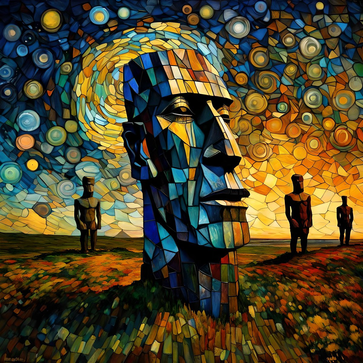 CreativGravity's tweet image. After a short Night I got the Idea of this Image.

A wild Stylemix, the look of Beksinski, the Starry Night of Van Gogh, the Colors of Afremov and the Location Easter Island.

What do you think?

#ai #aiart #aiartcommunity #aiartwork #bluewillow #AIartists #digitalart #art