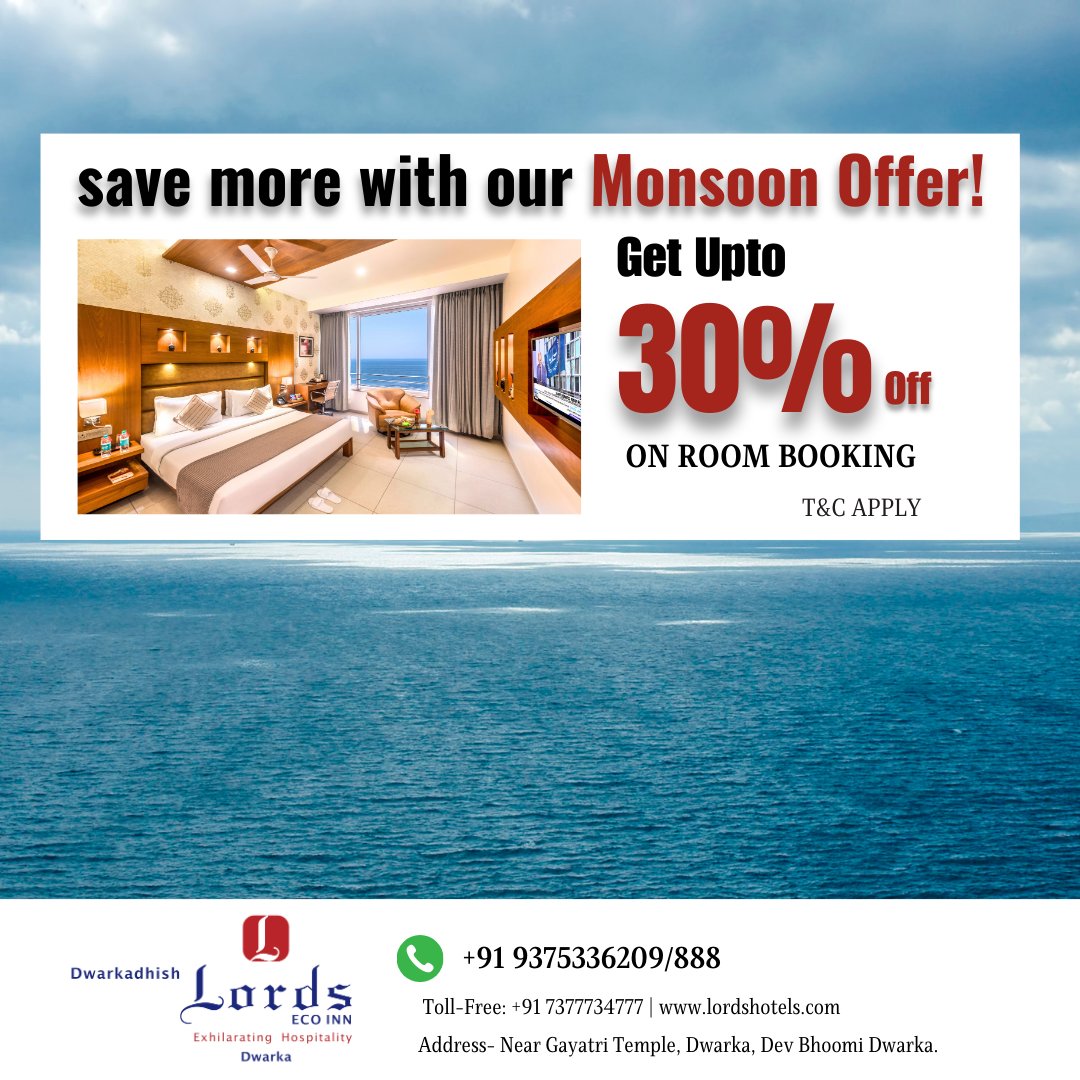 LordsDwarka's tweet photo. Experience the enchantment of the monsoon season with our extraordinary promotion!
Delight in remarkable savings of up to 30% on rooms, allowing you to relish in snug tranquillity amidst the soothing rain.
#LordsHotels #promotion #roomoffer #websiteoffer #m https://t.co/B4UzxBUQD5