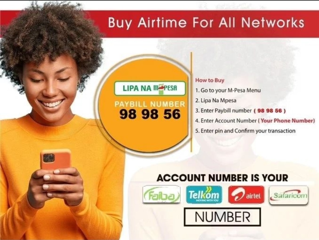 Buy AIRTIME to all network using paybill 989856 

 Simply Go to;
📎Lipa Na Mpesa
📎Paybill 989856
📎 Account Number(Your PHONE NO) 
📌Enter amount

 #100DaysOfCode
#coding #javascript
#maandamano #sabasaba #raila #ruto #Kenya #rigadhigachagua #politics #Africa #KenyaIsNotSafe