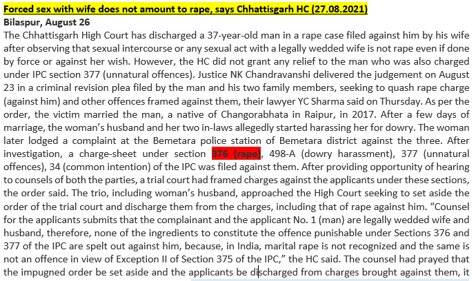 FakeUpperCaste's tweet photo. Amazing that the police & trial court #judge do not know that #Sec376 cannot be imposed on the #husband who is forced to approach the Chattisgarh HC that provides relevant relief.
But merit-haters will insist that "merit is a misleading concept, it is a Brahminical concept..."😡 https://t.co/01rp7GSvQs
