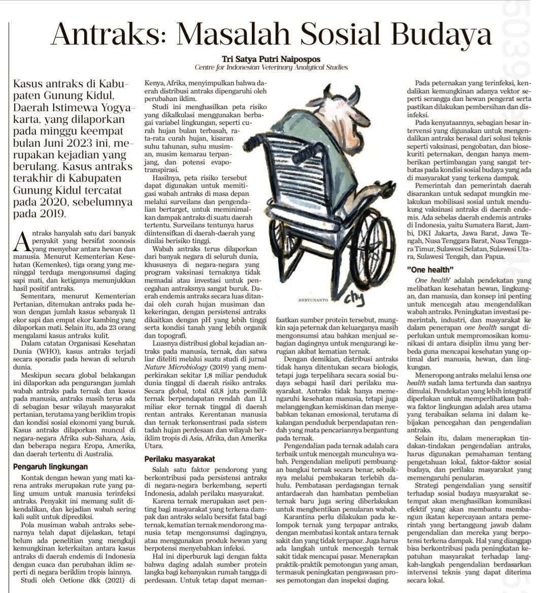 Tiga orang meninggal terduga mengonsumsi daging sapi mati. Pendekatan One Health yang melibatkan kesehatan hewan, lingkungan dan manusia memerlukan pendekatan sosial budaya guna mengendalikan perilaku masyarakat dalam pencegahan #Antraks. <a href="/blogdokter/">dokterMade</a> <a href="/civas_ngo/">CIVAS</a> <a href="/hariankompas/">Harian Kompas</a>