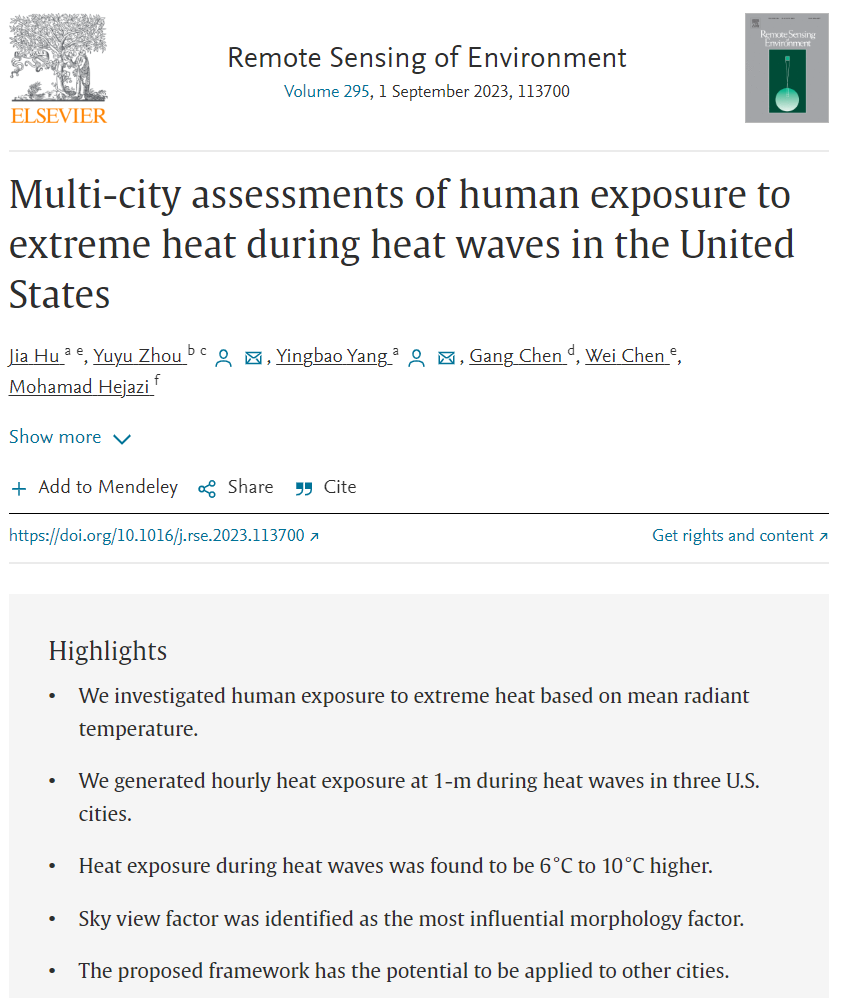 Excited to share our new paper published in Remote Sensing of Environment.🎉Link: doi.org/10.1016/j.rse.…. We generated hourly heat exposure maps at 1m, and explored the impact of heat wave, urbanization and morphology on heat exposure. Big thanks to my advisors and co-authors.