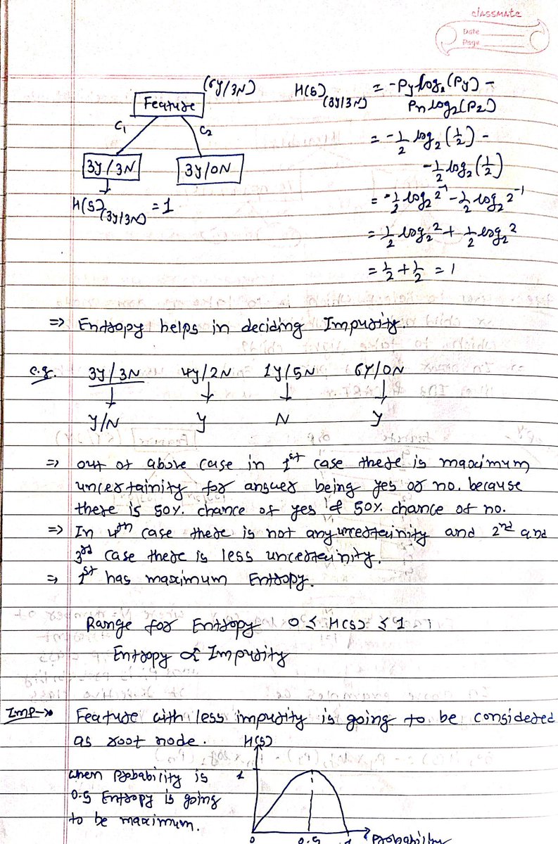 TirthRadadiya2's tweet image. Topic is Entropy in Decision Tree.
Main aim is to find root node which has less Entropy. It shows Impurity in decision of a particular node. We also check Information Gain based on impurity. For more info comment or check notes.
@Krishnaik06 
#ai #MachineLearning #entropy