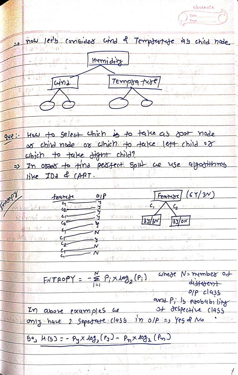 TirthRadadiya2's tweet image. Topic is Entropy in Decision Tree.
Main aim is to find root node which has less Entropy. It shows Impurity in decision of a particular node. We also check Information Gain based on impurity. For more info comment or check notes.
@Krishnaik06 
#ai #MachineLearning #entropy