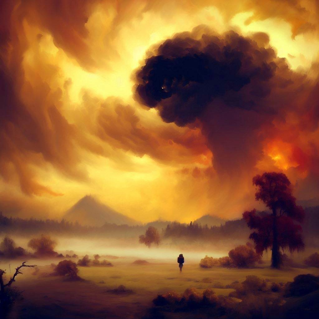 tomography38's tweet photo. The Apocalypse...Bob Ross style 

#painting 
#digitalart 
#apocalyptic 
#Intense 
#landscape 
#ai https://t.co/OGQiKJScLd