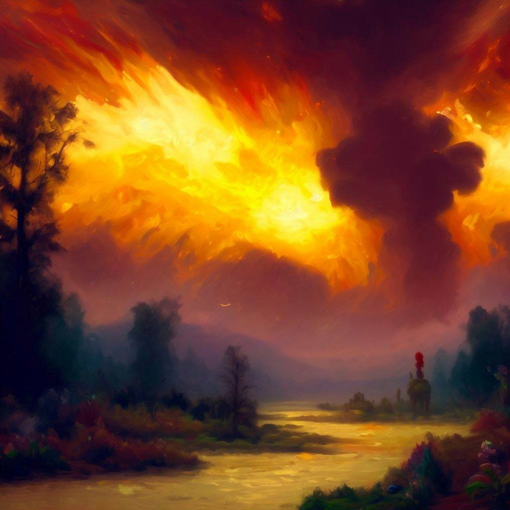 tomography38's tweet photo. The Apocalypse...Bob Ross style 

#painting 
#digitalart 
#apocalyptic 
#Intense 
#landscape 
#ai https://t.co/OGQiKJScLd