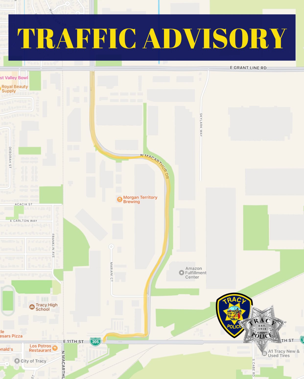 Tracy Police Department on Twitter "TRAFFIC ALERT MacArthur Drive