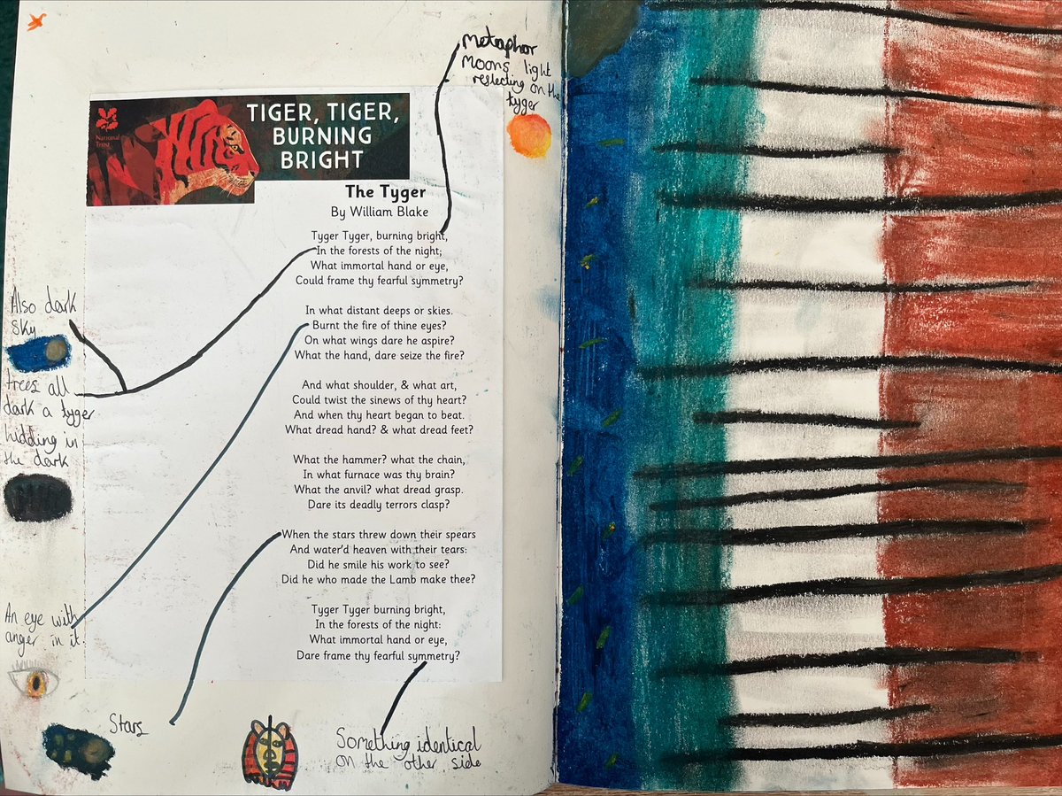 BoothroydAcad's tweet photo. Lots of brilliant work was shown to everyone in assembly yesterday including sketchbook work from year 5 inspired by Henri Rousseau and the William Blake poem The Tyger #art #sketchbook #poetry #learning #connections #learninglinks https://t.co/fuCMakrUj7