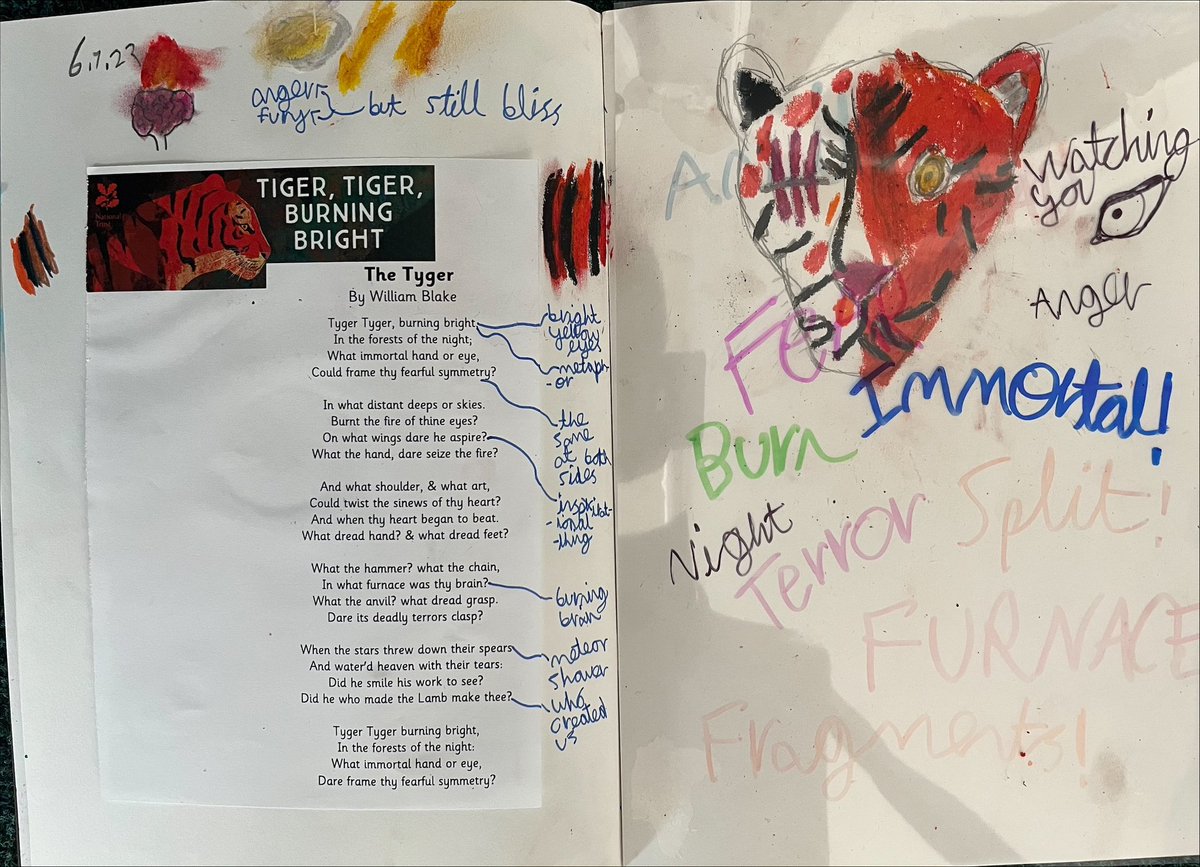 BoothroydAcad's tweet photo. Lots of brilliant work was shown to everyone in assembly yesterday including sketchbook work from year 5 inspired by Henri Rousseau and the William Blake poem The Tyger #art #sketchbook #poetry #learning #connections #learninglinks https://t.co/fuCMakrUj7