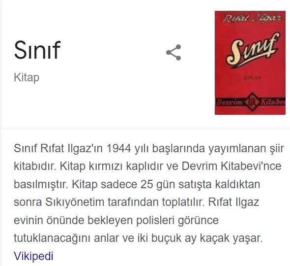 Hababam Sınıfı'nın yazarı Rıfat Ilgaz'ın 1944'te basılan ve CHP yönetimi ve İsmet İnönü imzasıyla yasaklanıp toplatılan kitabı "Sınıf"

Suç unsuru bulunamadığı halde Ilgaz'a nolur nolmaz diye verilen 6 ay hapis cezası ve mahkemeye elleri zincirli getirilmesi Hababam filmi gibidir