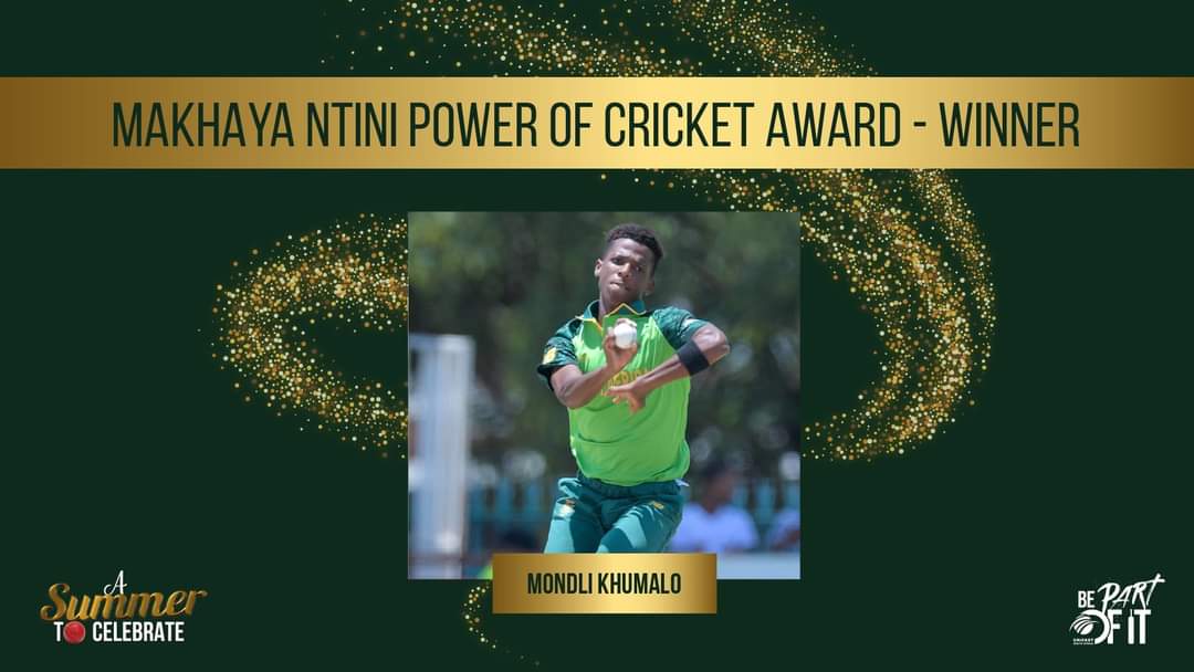 Congratulations to Mondli Khumalo on receiving the Makhya Ntini Power of Cricket Award at the CSA Awards