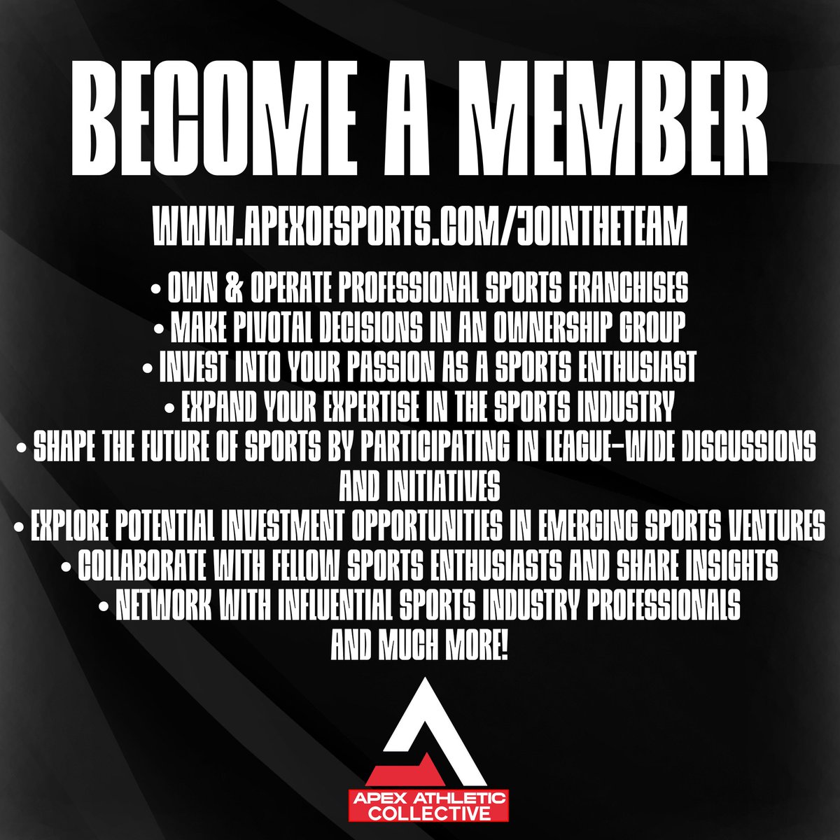 Join The Team!

Apply for membership opportunities here: apexofsports.com/jointheteam

Inquire about sponsorship packages here: apexofsports.com/sponsorships