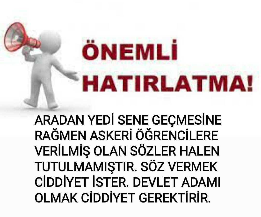 ASKERİ ÖĞRENCİLERE SORUMLULUK MAKAMI SAHİPLERİ TARAFINDAN VERİLMİŞ OLAN KAZANILMIŞ HAKLARIN İADE EDİLECEĞİ KONUSUNDAKİ SÖZLER HALEN YERİNE GETİRİLMEMİŞTİR. 
ANADOLUDA BİR SÖZ VARDIR 
"SÖZ NAMUSTUR"  DERLER.
BİZLERDE VERİLMİŞ SÖZLERİN GEREĞİNİ BEKLİYOR VE İADE-İ İTİBAR BEKLİYORUZ.