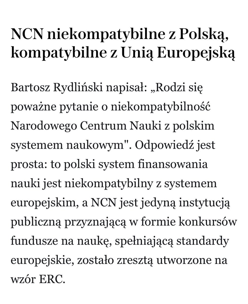 Anna Korzekwa-Józefowicz (@anna_korzekwa) on Twitter photo – To polski system finansowania nauki jest niekompatybilny z systemem europejskim, a <a href="/NCN_PL/">Narodowe Centrum Nauki</a> jest jedyną instytucją publiczną przyznającą w formie konkursów fundusze na naukę, spełniającą standardy europejskie – pisze prof. M. Żylicz w <a href="/gazeta_wyborcza/">Gazeta Wyborcza.pl</a>. wyborcza.pl/magazyn/7,1240… – To polski system finansowania nauki jest niekompatybilny z systemem europejskim, a <a href="/NCN_PL/">Narodowe Centrum Nauki</a> jest jedyną instytucją publiczną przyznającą w formie konkursów fundusze na naukę, spełniającą standardy europejskie – pisze prof. M. Żylicz w <a href="/gazeta_wyborcza/">Gazeta Wyborcza.pl</a>. wyborcza.pl/magazyn/7,1240…