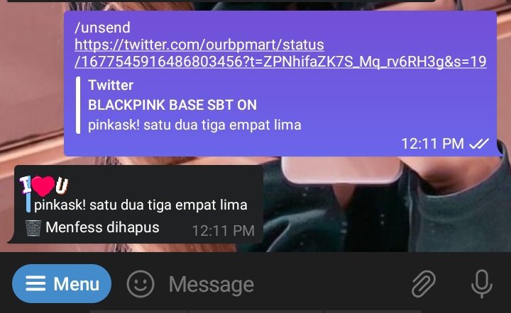 bosbpmart's tweet photo. keempat

• klik start bot di akun tele ourbpmart bot
• ketik menfess yang mau kirim dengan triggers mf
• klik Yup! jika sudah benar menfess, klik Nah! jika ada yang salah 
• cara unsend ketik /unsend + link tweet menfess kamu yang mau dihapus lalu send. https://t.co/D0kTUzHYof