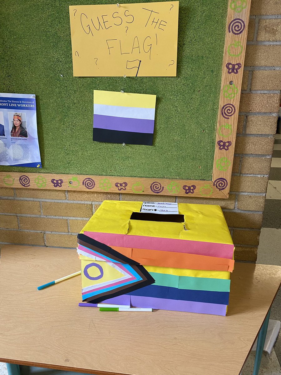 ChanLPfa's tweet photo. At the beginning of June, students in the pride club at @CPSpanthersTDSB elementary were in charge of the announcements for the week. They “educated” their peers every morning, then invited them to participate in activities like “Guess the Flag.” (That’s a “non-binary” flag.) https://t.co/sDllN8IV74