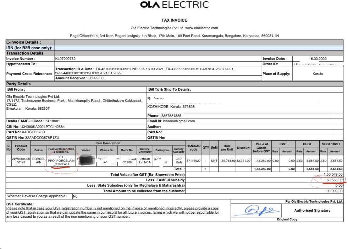 rakeshlr's tweet photo. @OlaElectric 
I have S1 Pro as per invoice, RC and fame 2 subsidy which claimed 59550 for 4KW battery.
But 1KW is locked in software and not usable.
Additional 9K was paid for the charger and still charger refund is not provided.
Please into these issues.
@bhash @nitin_gadkari https://t.co/kZ50bQDGuT