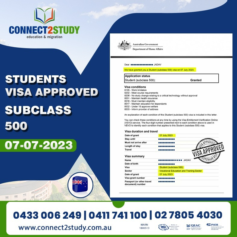 Connect2Study's tweet image. 🎉🌟 STUDENT VISA APPROVED! 🎓✅
SUBCLASS 500 - 07-07-2023

Congratulations on your successful student visa approval! 🎉📚🇦🇺

#StudentVisaApproved #Subclass500 #Connect2Study #StudyAbroad #WorldClassEducation #NewHorizons #MulticulturalExperience #SuccessStory