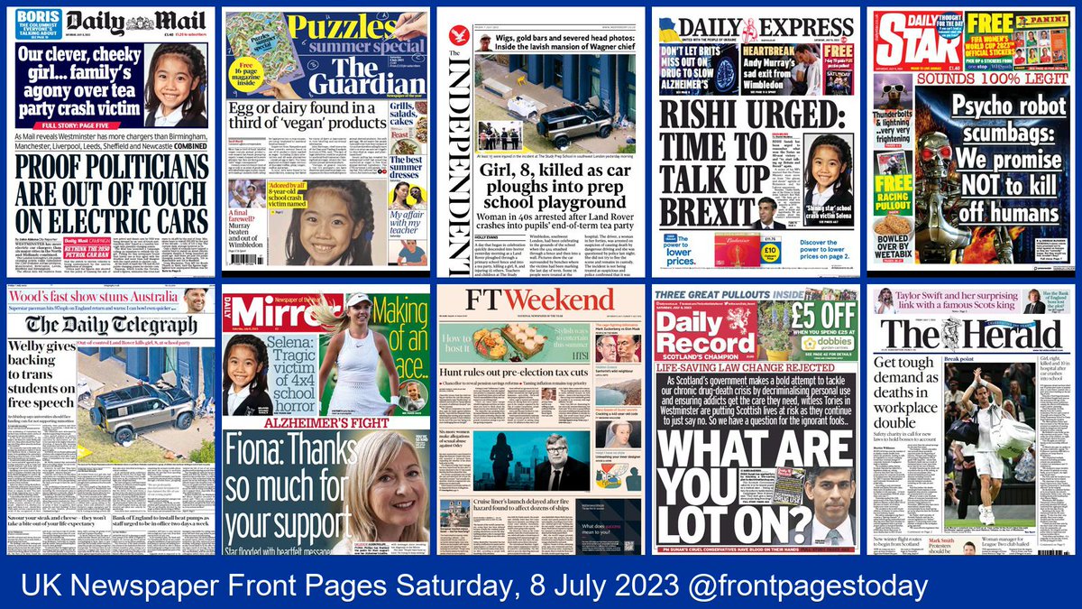 UK Newspaper Front Pages for Saturday, 8 July 2023. Find more front pages and thousands of newspapers from around the world at thepaperboy.com