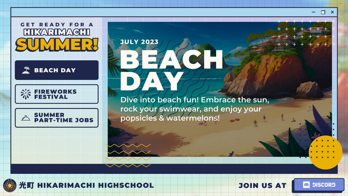 HikarimachiHSRP's tweet photo. IT'S SUMMER TIME! This July, Hikarimachi celebrates summer with🏖️Beach Day (test) event during its preserver! 

Join us at Discord for summer fun!☀️

#summerfun #preserver #hikarimachihs https://t.co/SMfy0q8oiC