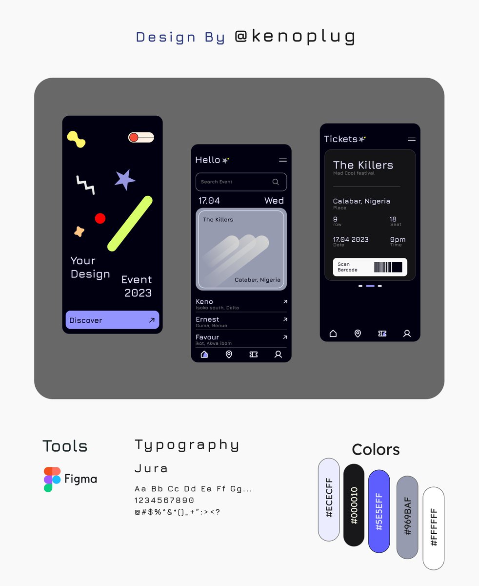 KENOPLUG's tweet photo. Event Ticket app design🥲⚠️

Tools= figma
Fonts= Jura
Plugins= phosphur icon
Time= 6+ hour
Additional skill= UX research  (2+ hours)
#uidesign #appdesign #webdesign #uxdesign #figma #uiux #uiuxdesign #uiinspiration #designinspiration #portfolio threads https://t.co/otXjZzyZh7