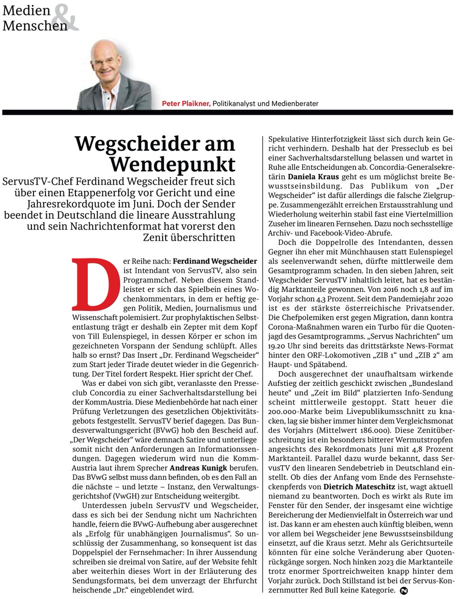 Wegscheider am Wendepunkt: Der <a href="/ServusTV/">servustv</a>-Chef freut sich über einen Etappenerfolg vor Gericht und einen Jahresrekord im Juni. Doch der Sender zieht sich aus D zurück und seine Nachrichten verlieren in A an Reichweite. - Das ist die <a href="/NEWS/">NEWS</a>-Kolumne, auf die <a href="/florianklenk/">Florian Klenk</a> verweist.