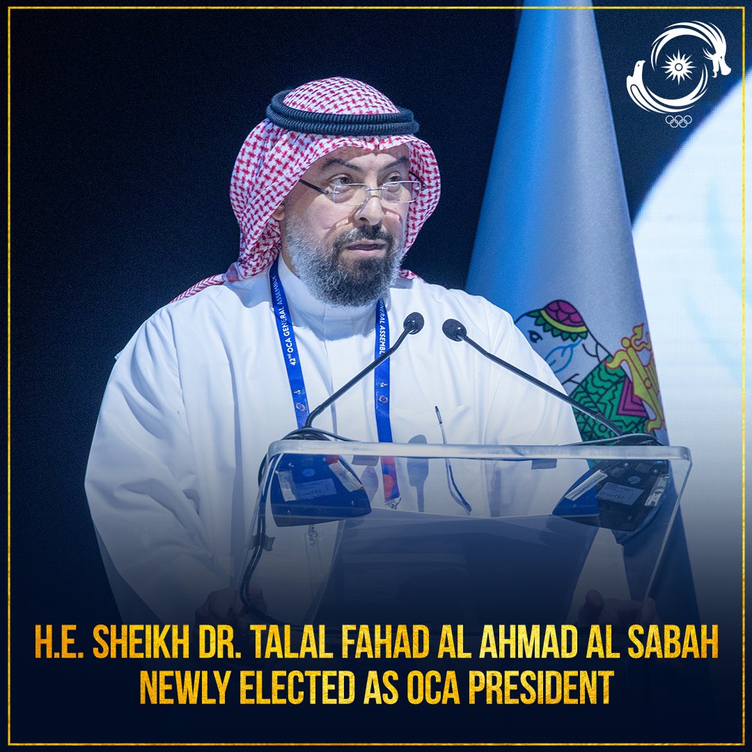 AsianGamesOCA's tweet photo. Ladies and Gentlemen, with great excitement, we present the newly elected President of the Olympic Council of Asia, H.E. Sheikh Dr. Talal Fahad Al Ahmad Al Sabah! 👏 1/2
#News #GeneralAssembly #42ndGeneralAssembly #OCAElections https://t.co/rkspej7P9J