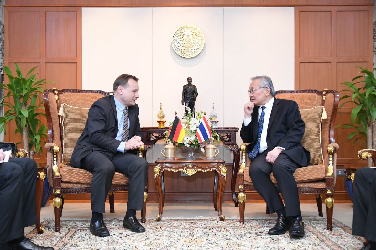 MFAThai's tweet photo. Amb. Georg Schmidt #Germany 🇩🇪 @GermanAmbTHA bid farewell to DPM/FM Don 🇹🇭 upon duty completion. DPM/FM thanked Amb. Schmidt for his invaluable contribution to strengthening of TH-DE relations throughout tenure, especially coop in healthcare 🏥 &amp; climate action 🌱. (7 Jul 2023) https://t.co/BFOCXGogmF