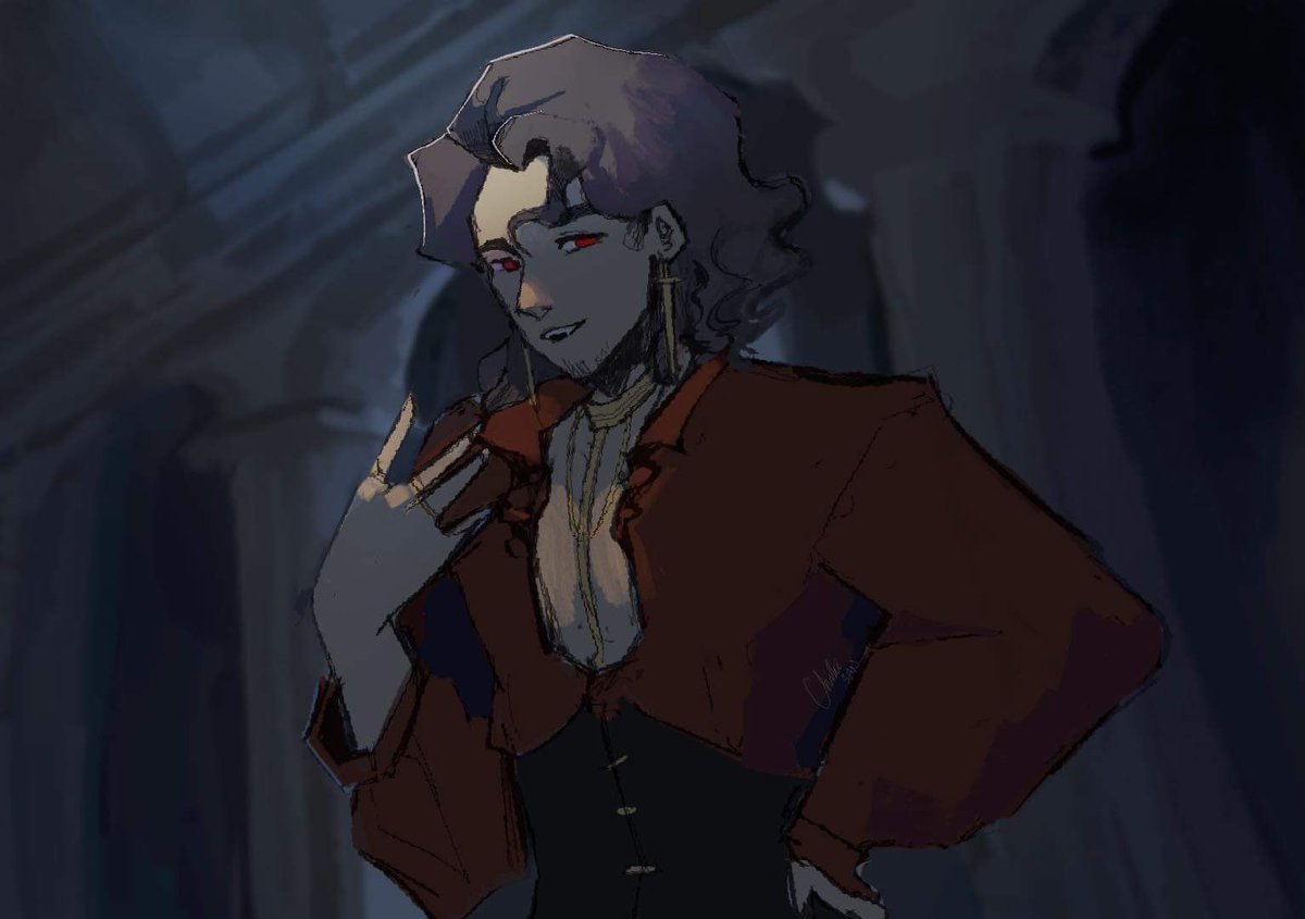 chikisan4's tweet photo. here is a character i made/concepted for a queer vampire visual novel i worked on in school! 
-
-
-
#vampireart #vampire #digitalart #gothic #gothicvampires #digitalillustration #castlevania #fantasy #fantasyart #procreate #conceptart #characterconcept #illustration https://t.co/rQNRqsflEM