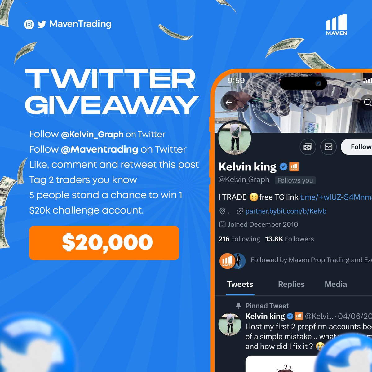 Kelvinking_'s tweet photo. #Giveaway    Follow @kelvin_Graph
@Maventrading @CryptoPlays_ 
Like and comment + tag 2  people and stand a chance to own 1 $20,000 propfirm acc. Winners in 48hours LFG giving out $20k x5! https://t.co/l4QAZgt9bD
