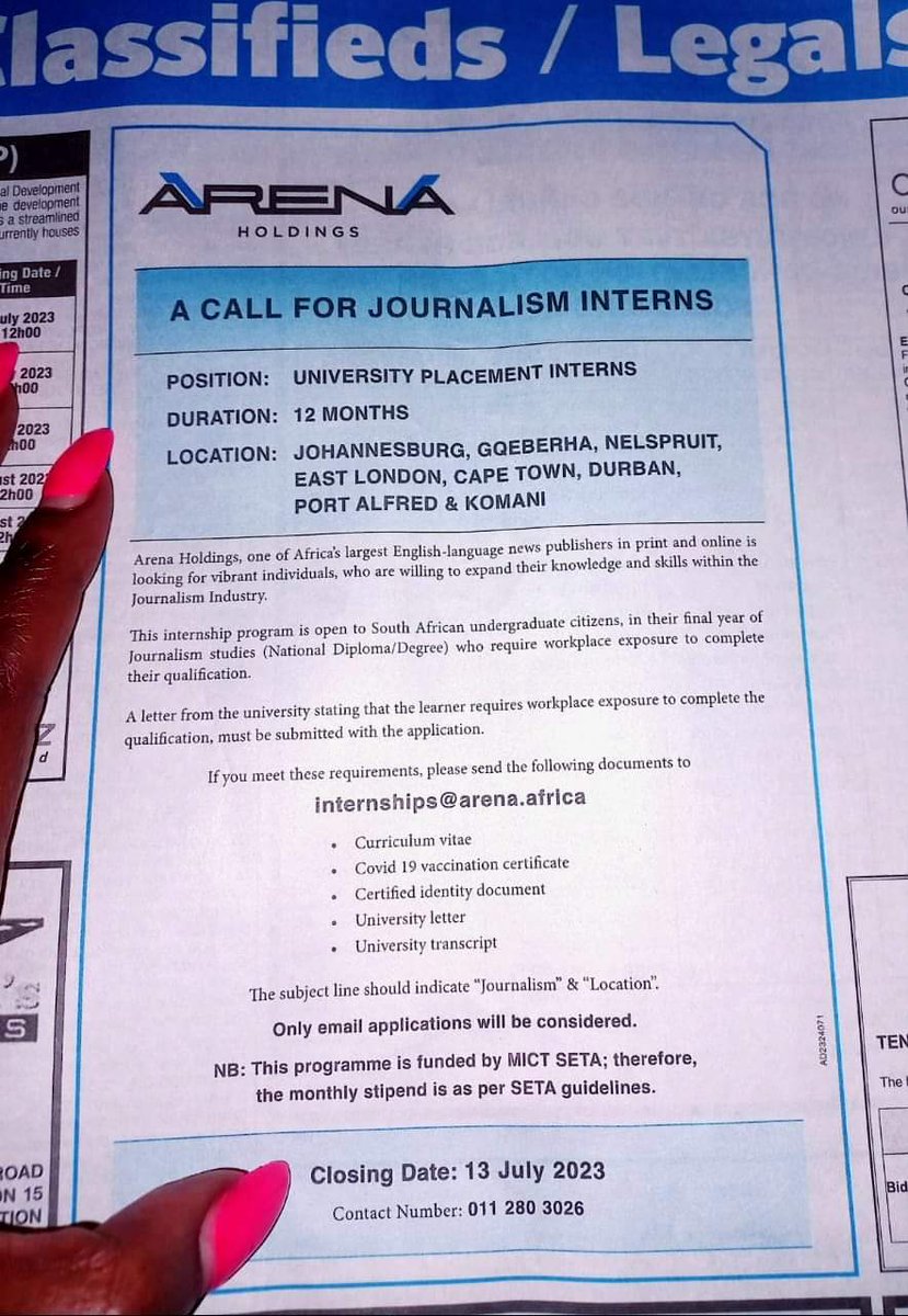 MissPampi's tweet photo. Arena Holdings is recruiting final year journalism students to place in their community &amp; mainstream newsrooms across the country for 12 months.  Closing date is 13 July 2023. Puff x pass🔌 https://t.co/oR4o89QTvv