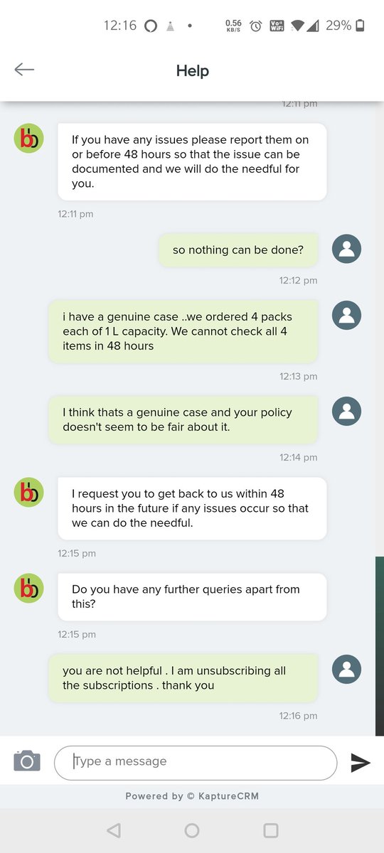 ms2109's tweet photo. Hi @bigbasket_com  , i have subscribed an item through bbdaily app . One of the product came damaged and your 48 hour policy doesn't quite fit in thay case . Dissatisfied with the customer care representative.
please check the chat screen shot https://t.co/D5hJWqHKio